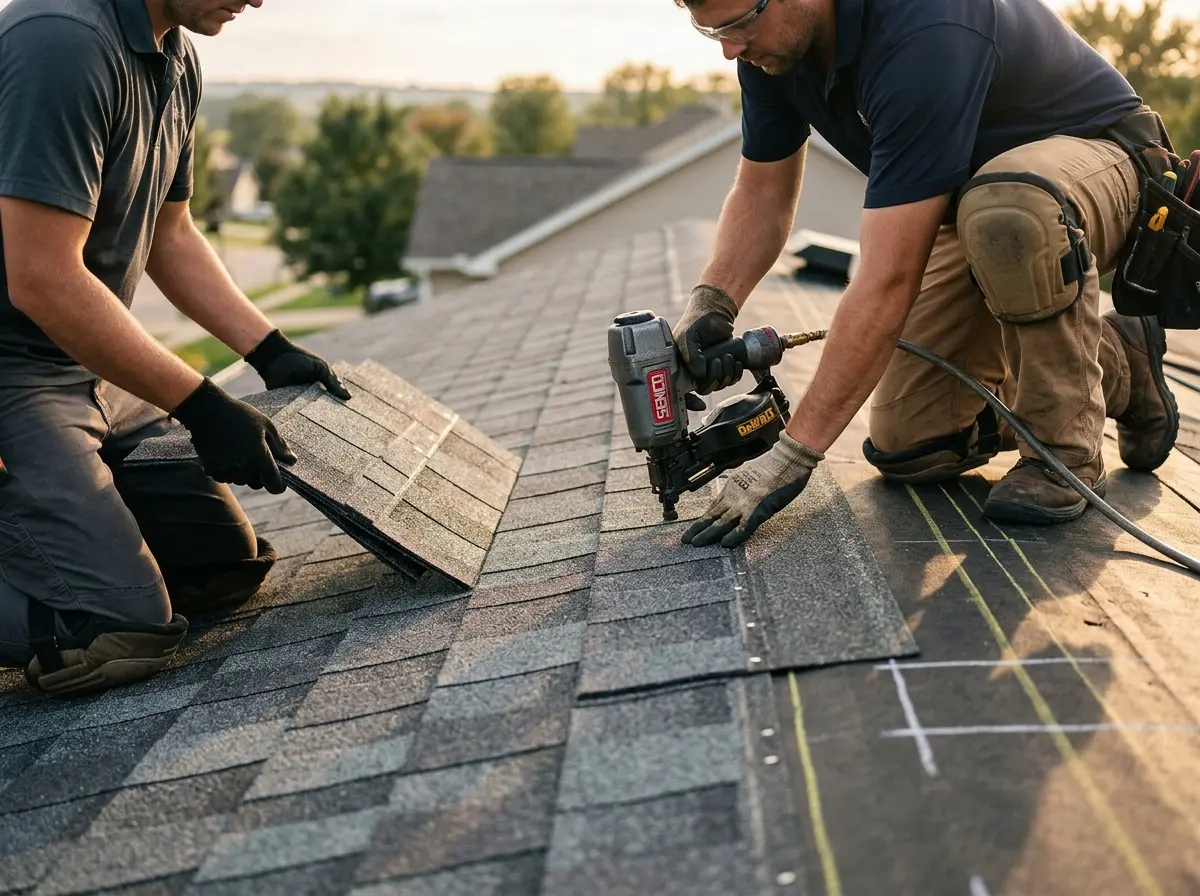 Professional roofer working on a residential roof in Vine Grove